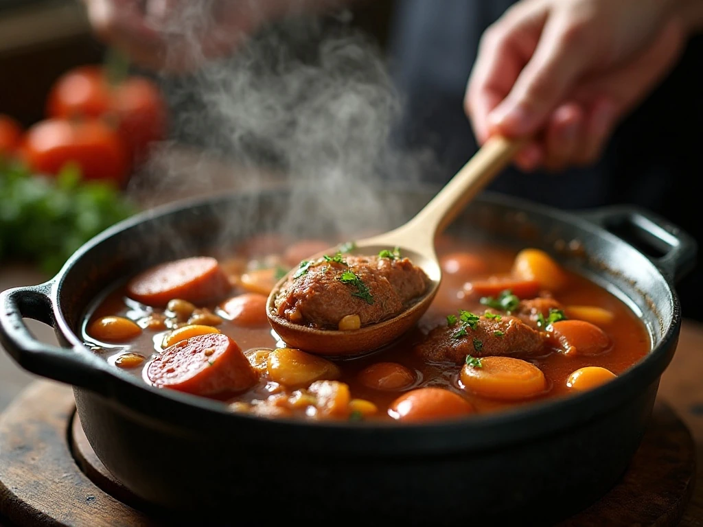 Stew simmering in a Dutch oven during cooking