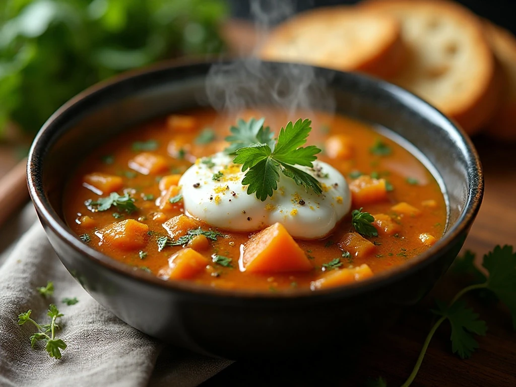 Steaming stew finished with fresh herbs and delicious toppings