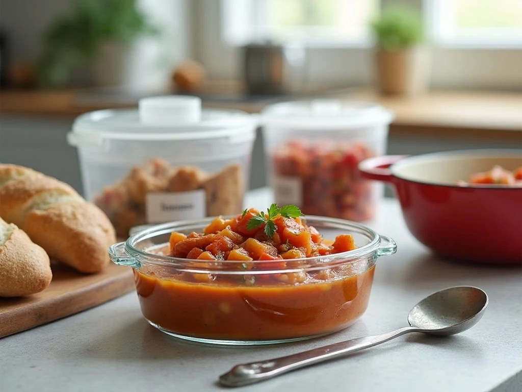 Stored and reheated winter stew ready for serving