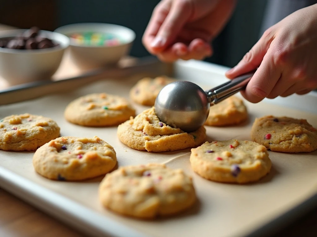 Scooping thick cake mix cookie dough onto a lined baking sheet