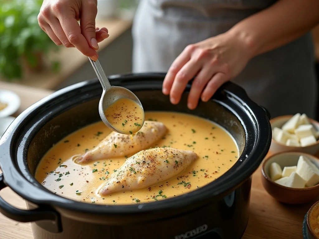 Chicken and creamy ingredients prepared in a slow cooker