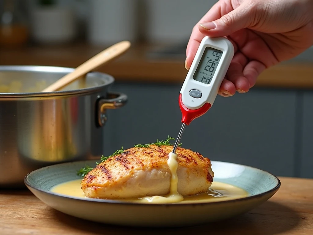 Checking slow cooker chicken temperature with a thermometer