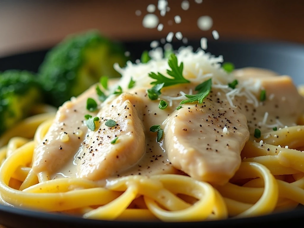Creamy chicken garnished with parsley pepper and Parmesan