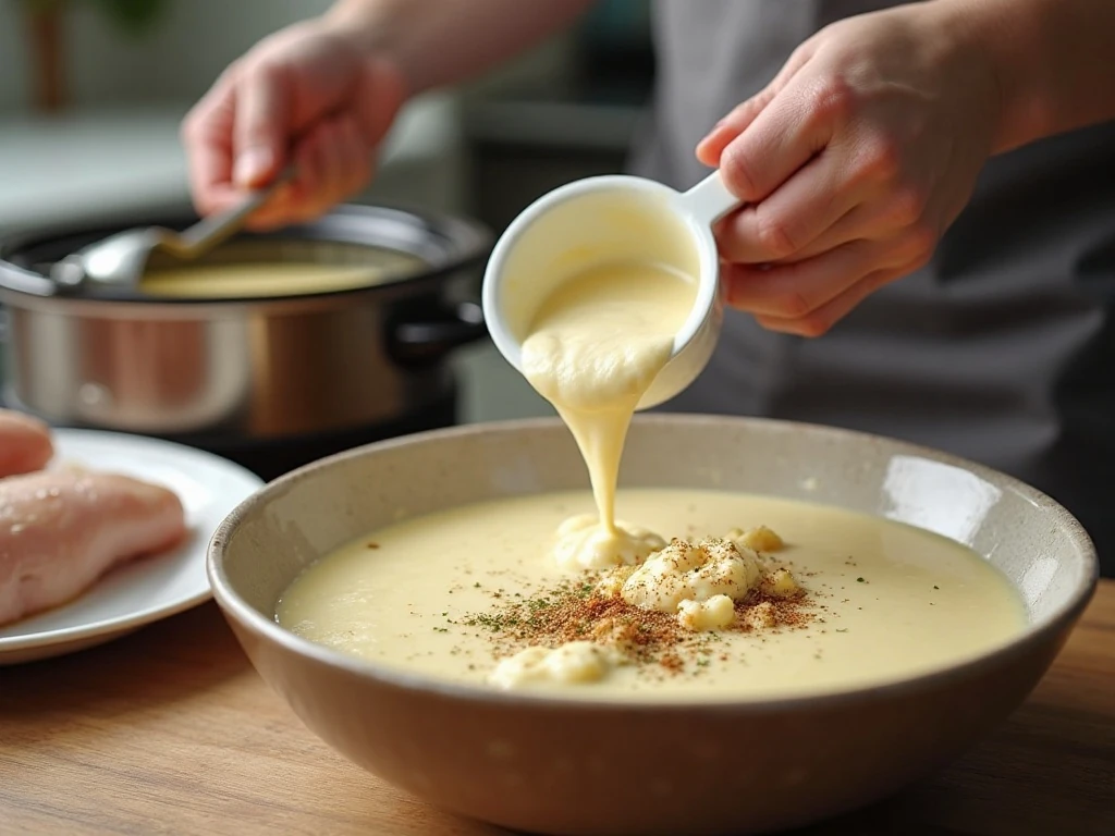 Mixing the creamy Italian chicken sauce for the slow cooker