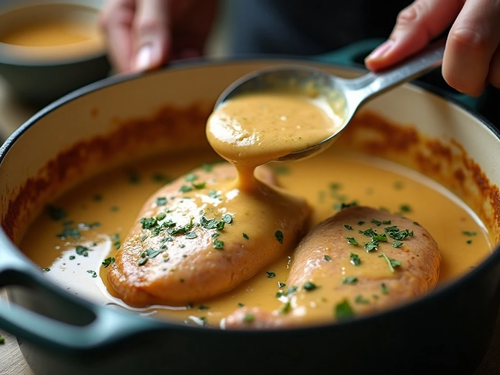 Creamy sauce coating tender slow cooker chicken