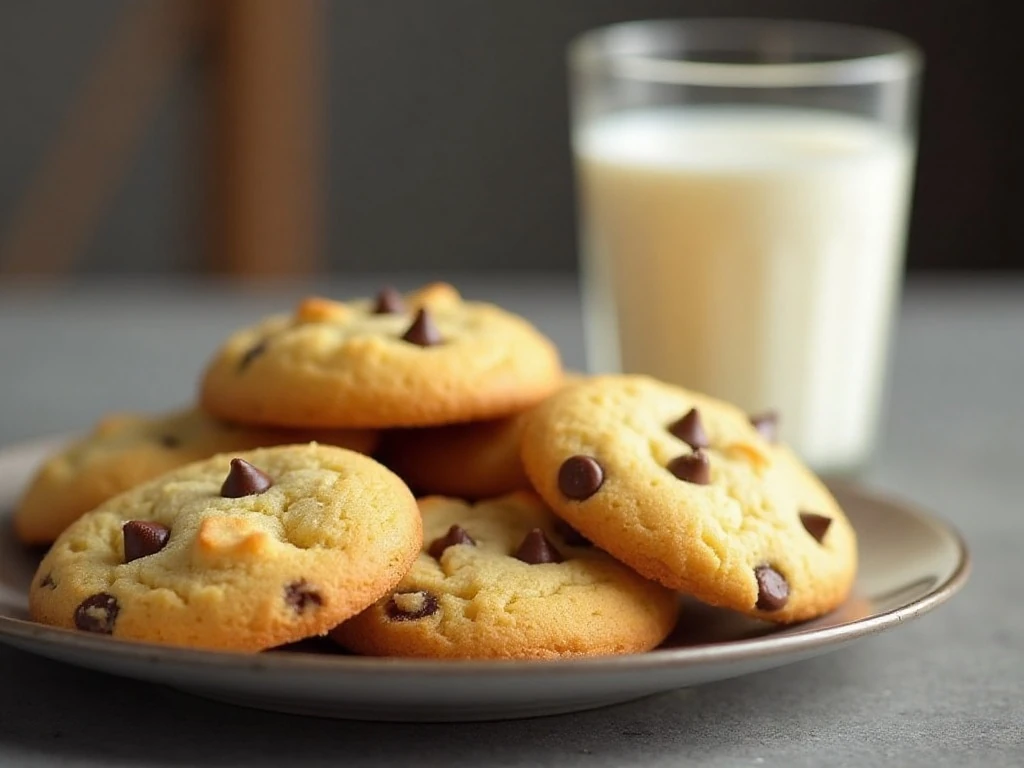 Soft homemade four-ingredient chocolate chip cookies served with milk