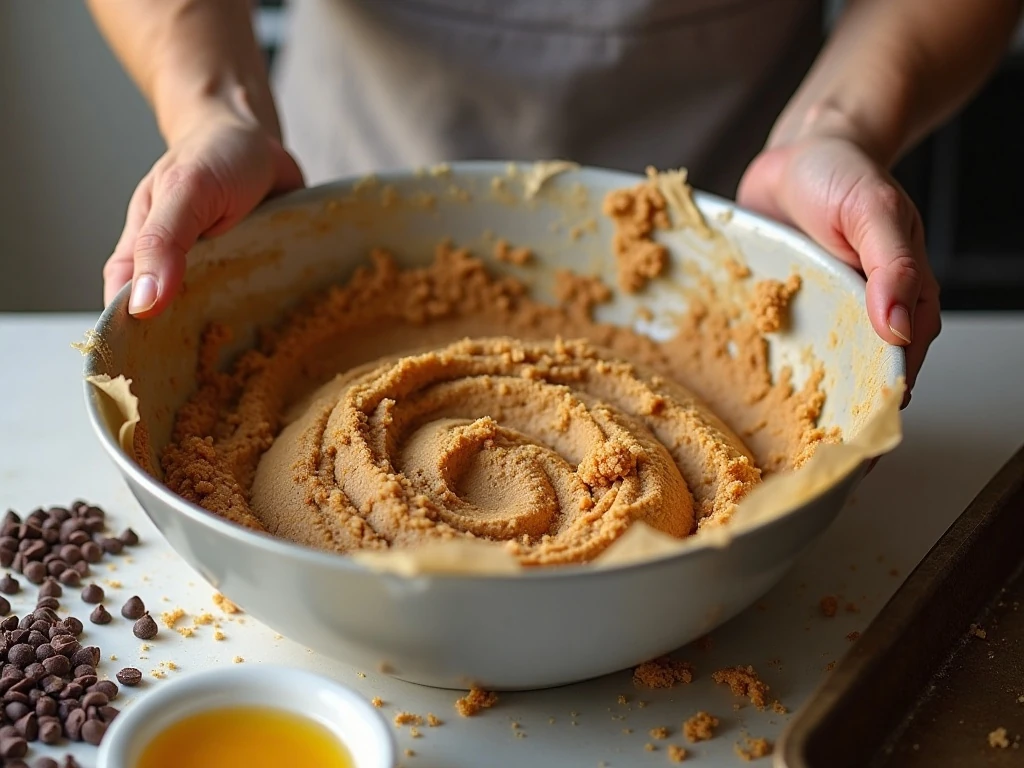 Mixing thick cake-mix cookie dough with chocolate chips