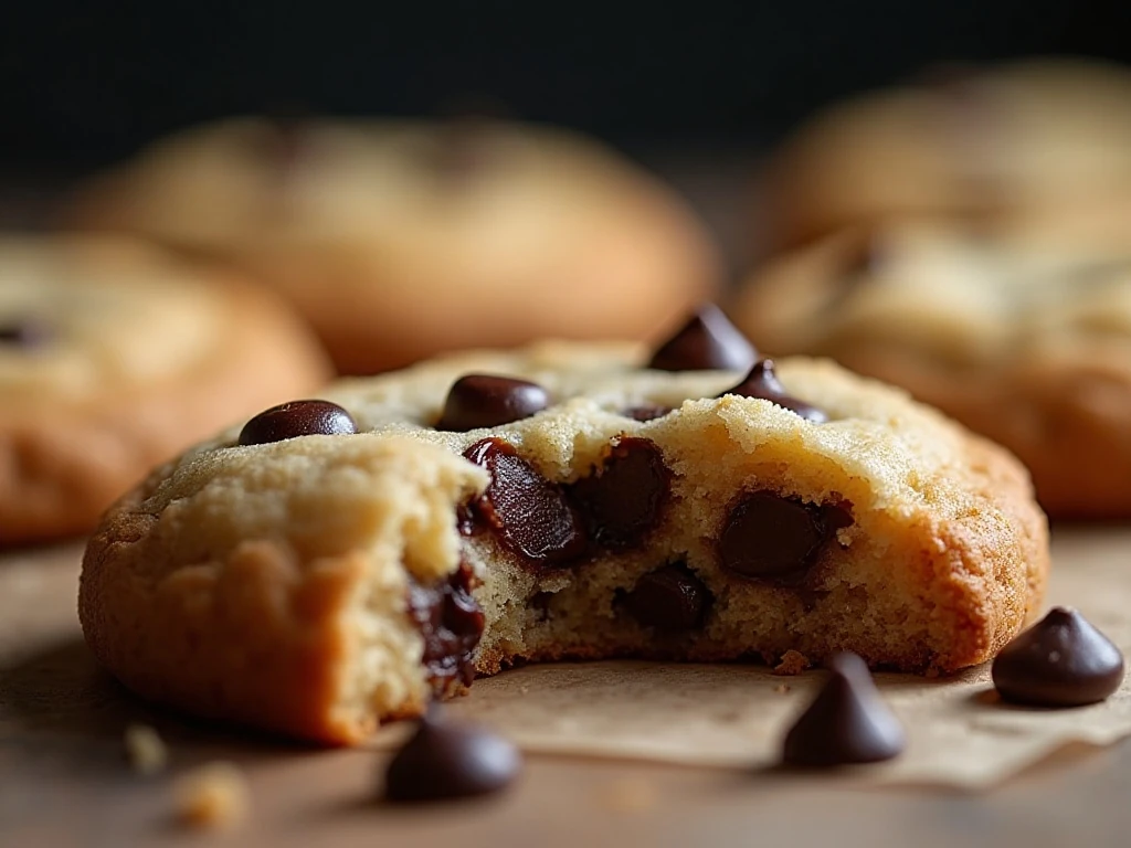 Close-up of a soft chewy chocolate chip cookie center