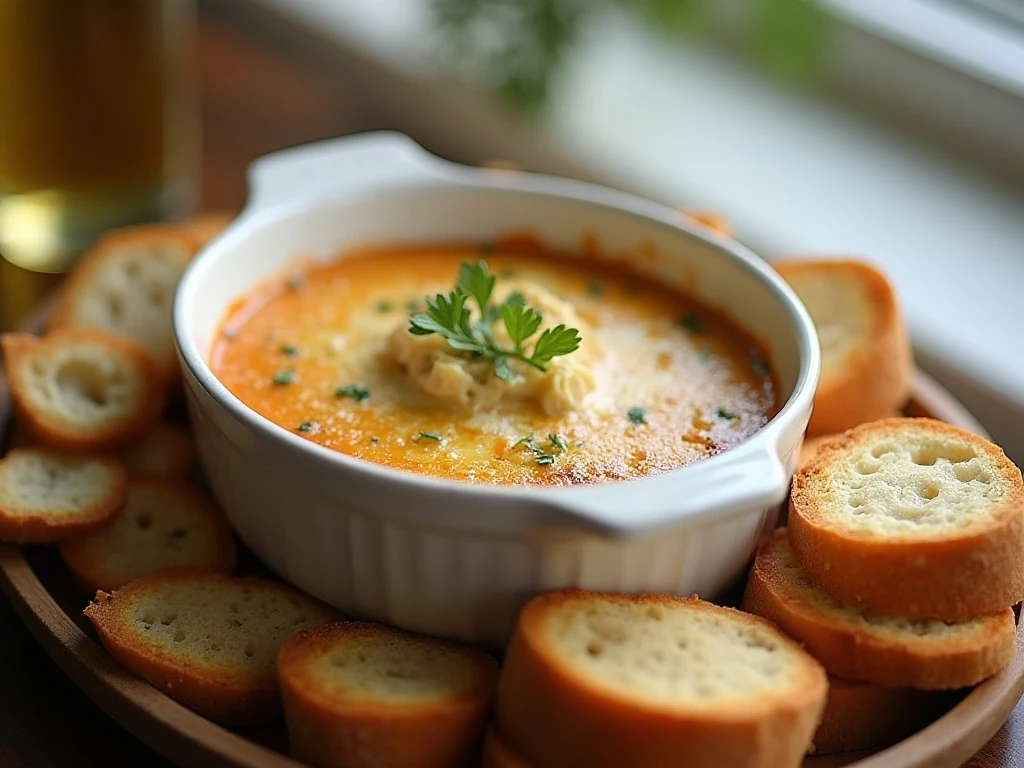 Creamy hot artichoke Parmesan dip served with toasted baguette slices and crackers