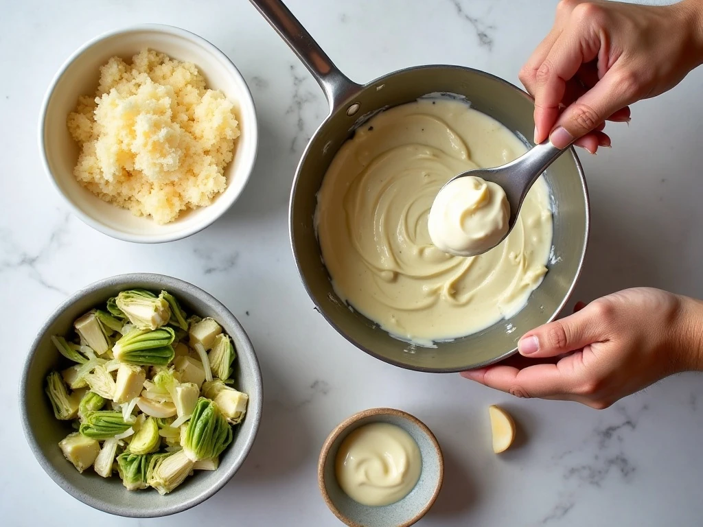 Four ingredients for creamy hot artichoke dip arranged on a kitchen counter
