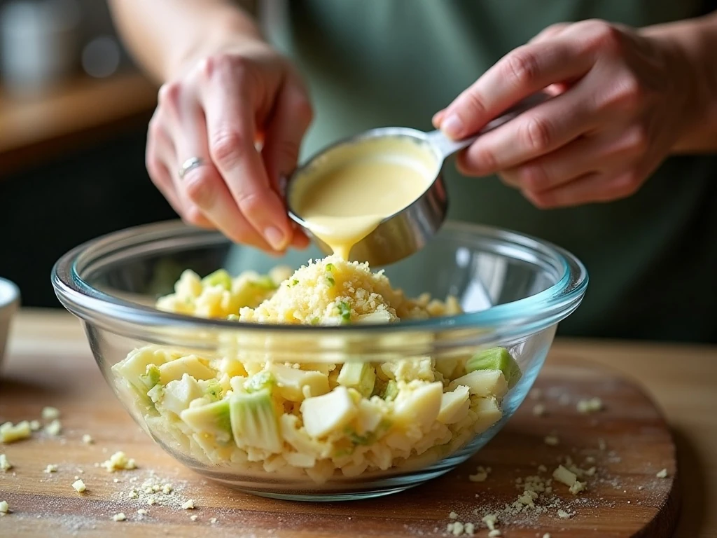 Mixing artichokes, mayonnaise, Parmesan, and garlic for hot dip