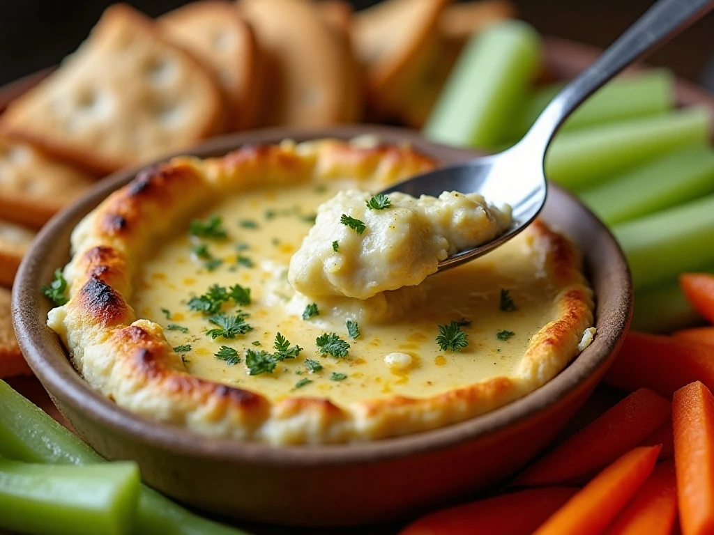 Hot artichoke dip with pita chips, bread, and fresh vegetable dippers