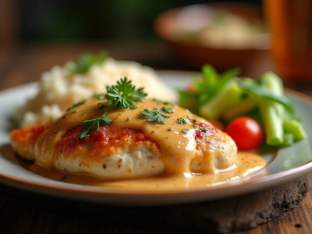 Creamy 4-ingredient Houdini Chicken served with rice and vegetables
