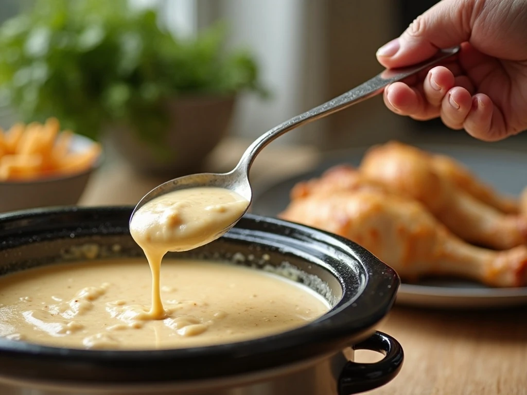 Mixing the creamy soup and cream cheese sauce for Houdini Chicken