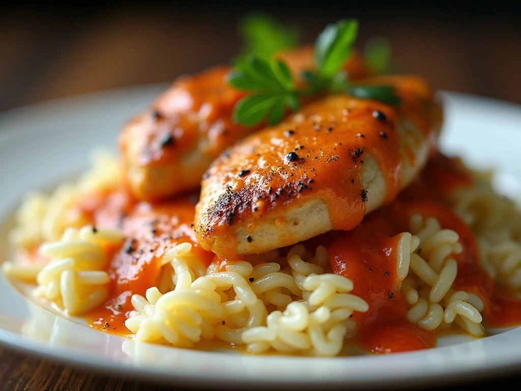 Houdini Chicken sauce served over rice with a fresh garnish