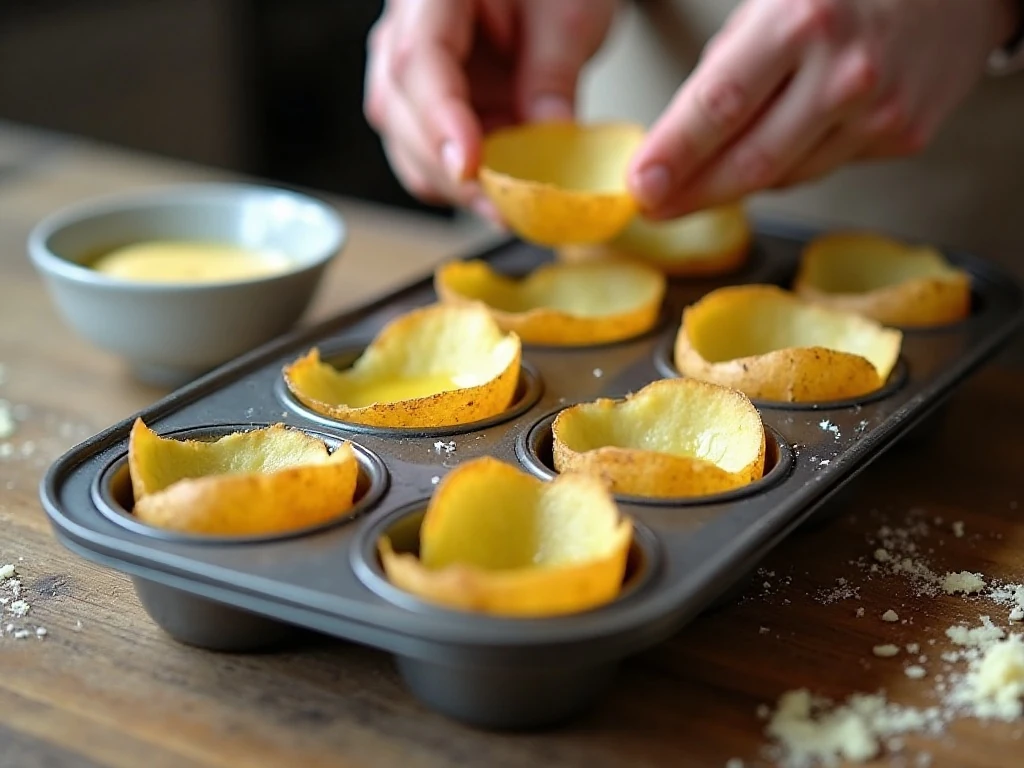 Thin potato slices being layered in a muffin pan