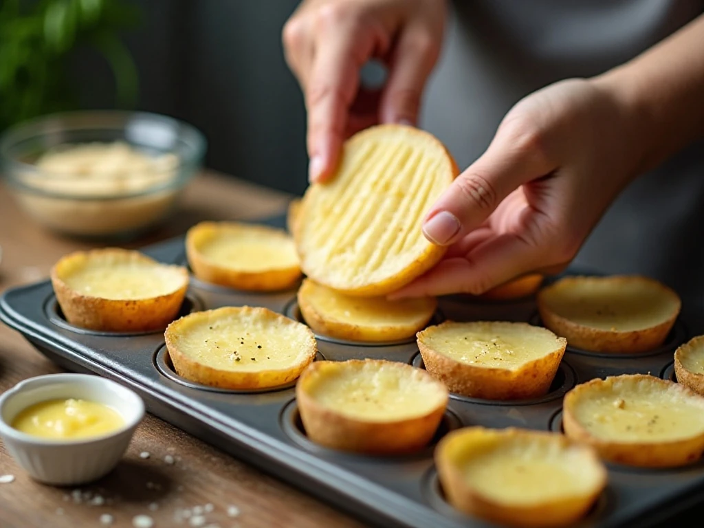 Uniform potato slices and a greased muffin pan for potato stacks