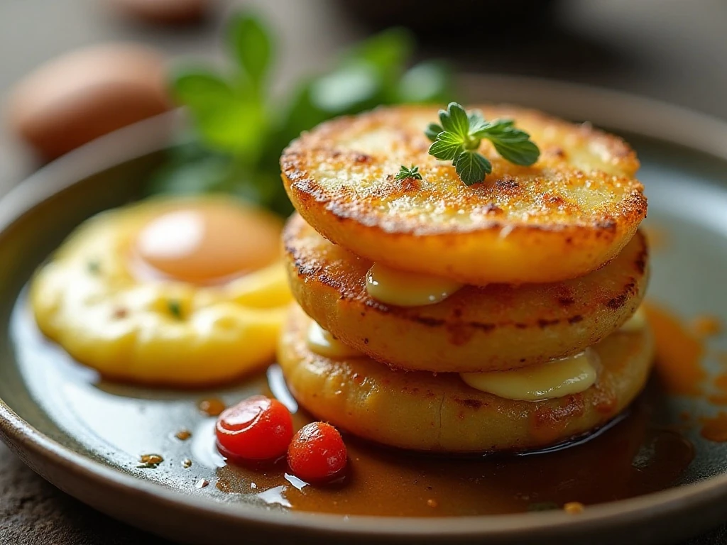 Crisp Parmesan potato stack served with breakfast eggs