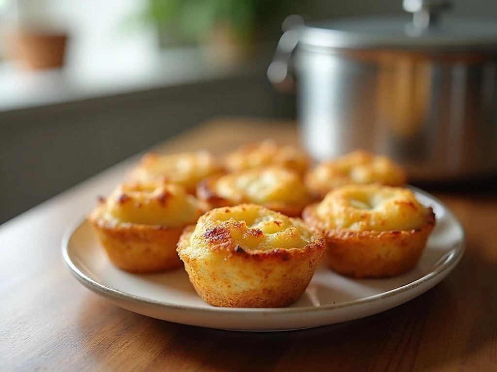 Reheated muffin pan potato stacks ready to serve