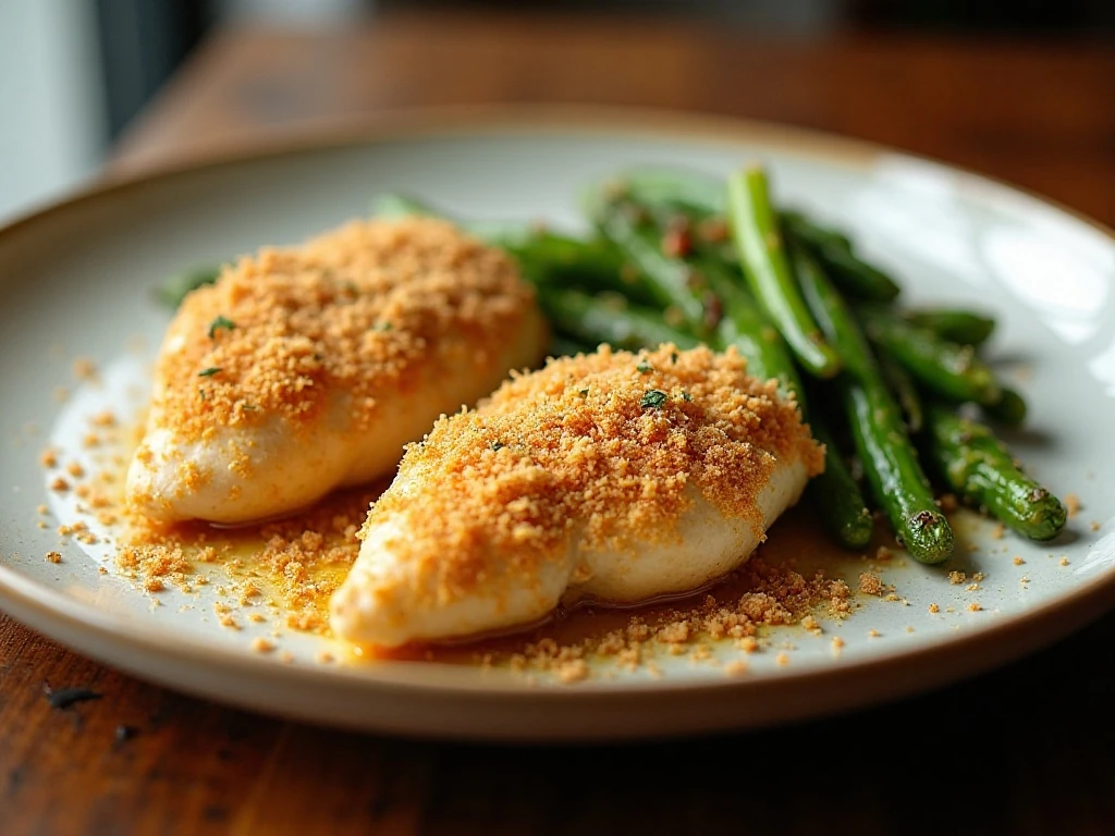 Golden Parmesan-crusted chicken served with green vegetables