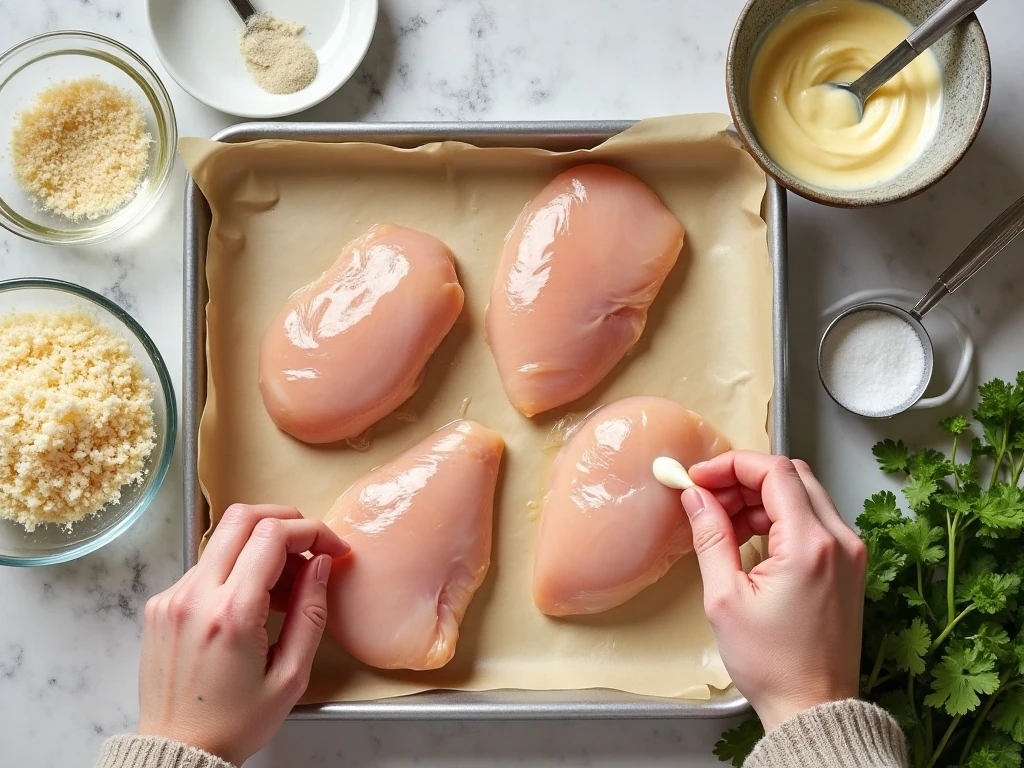 Four ingredients for Parmesan-crusted chicken arranged on a counter