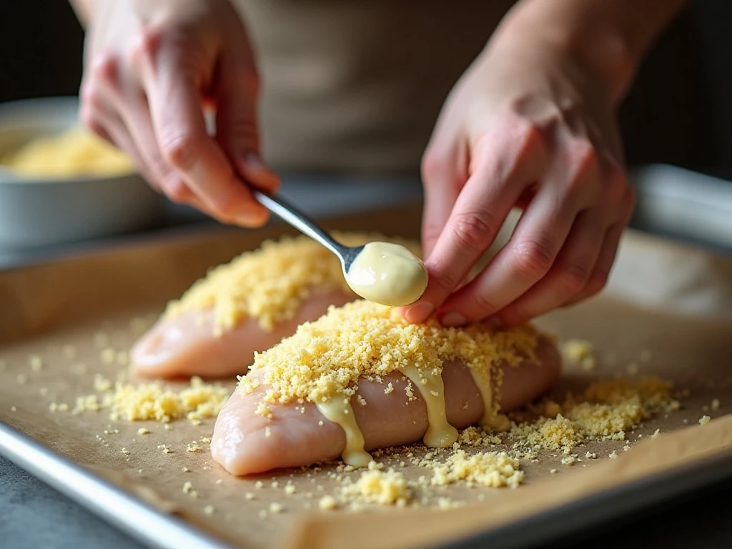 Spreading Parmesan mayonnaise topping over chicken before adding breadcrumbs