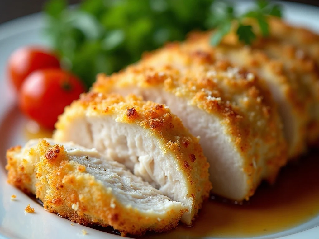 Sliced Parmesan-crusted chicken showing its juicy center and crisp topping