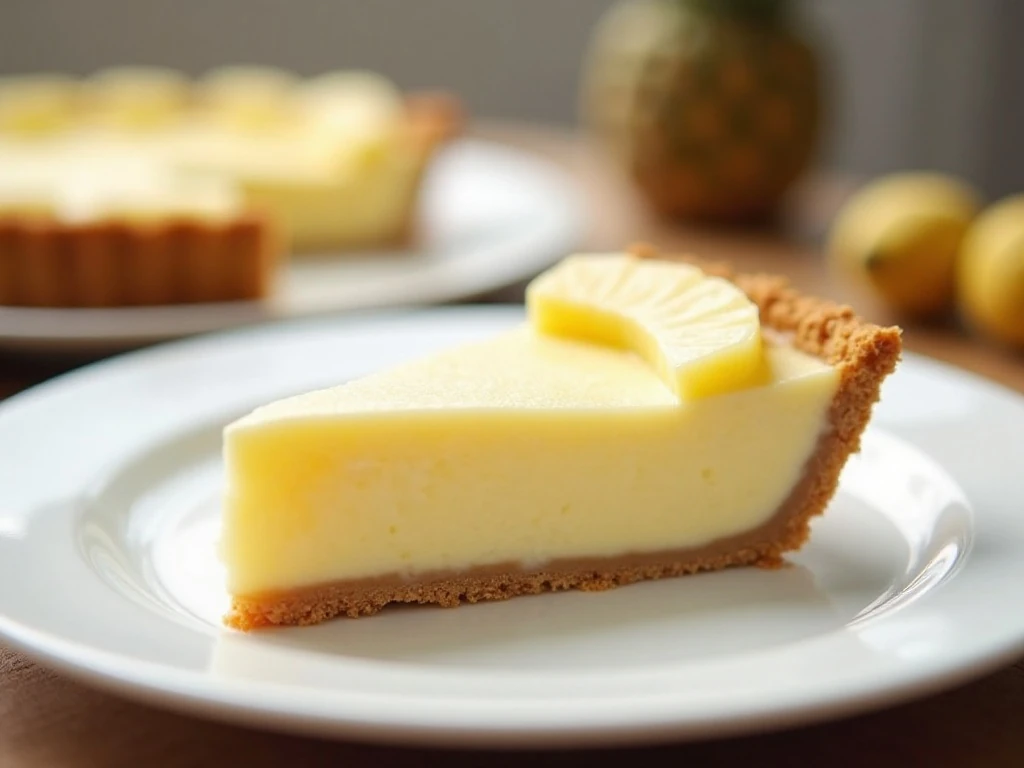 Slice of creamy four-ingredient pineapple pie on a dessert plate