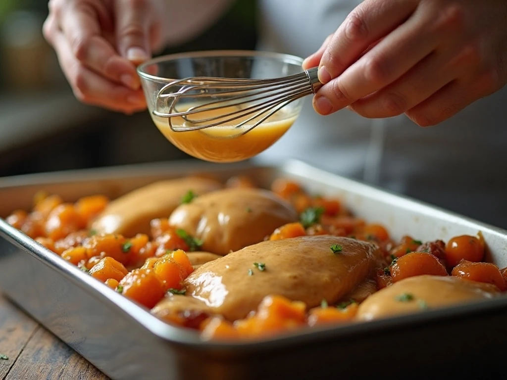 Whisking the sweet and tangy apricot chicken sauce