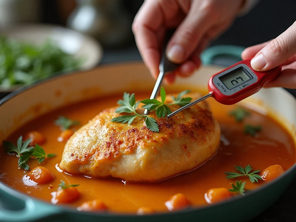 Checking baked chicken temperature with an instant-read thermometer