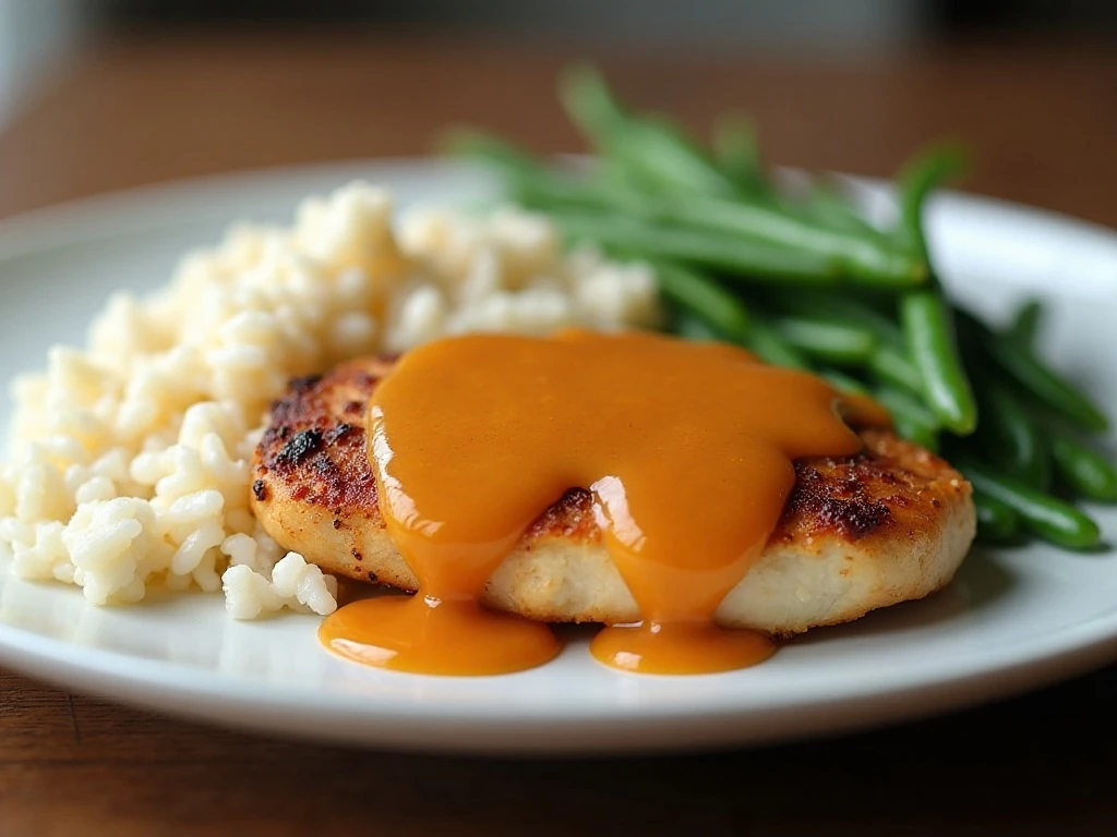 Sweet and tangy chicken served with rice and green beans