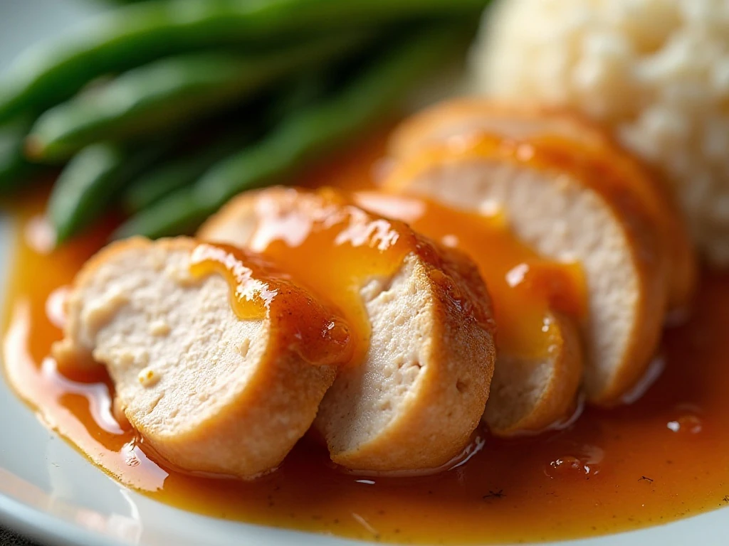 Close-up of tender chicken with glossy apricot sauce