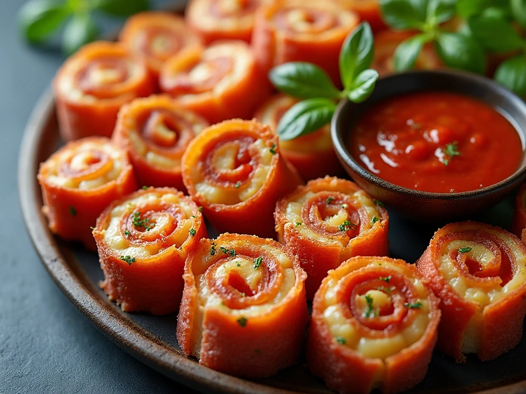 Golden four-meat Italian pinwheels served with marinara sauce