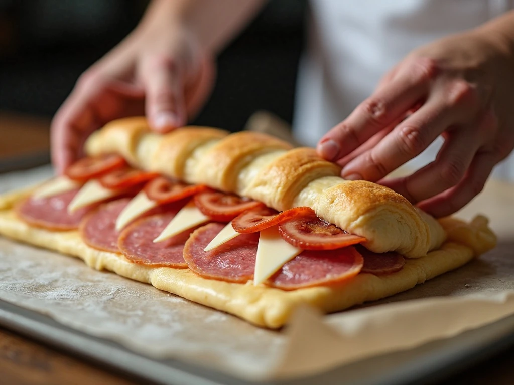 Layering meats and cheese onto dough for Italian pinwheels