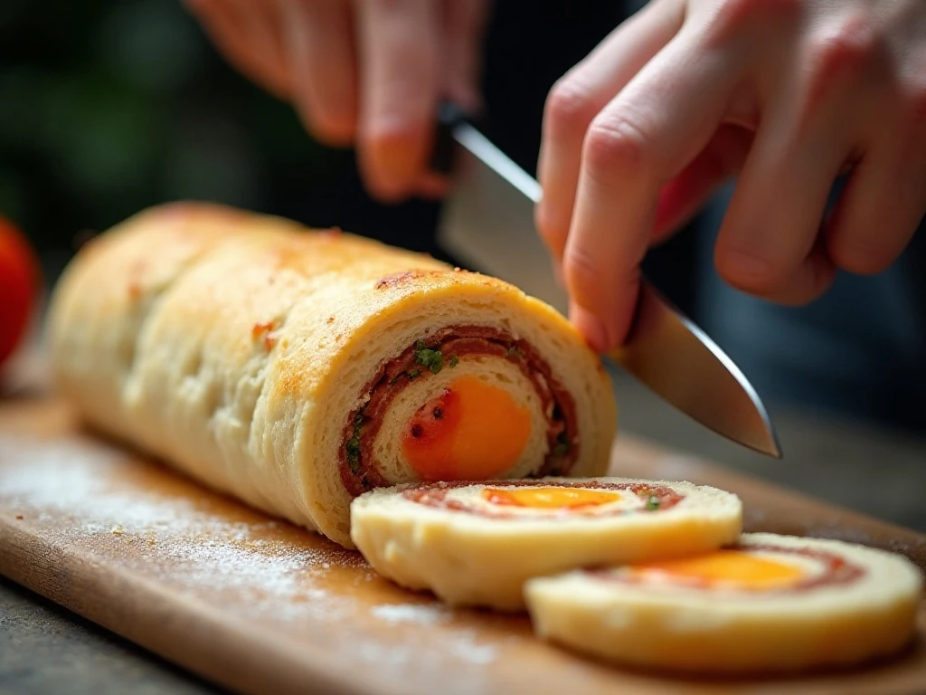 Slicing a chilled Italian pinwheel dough log