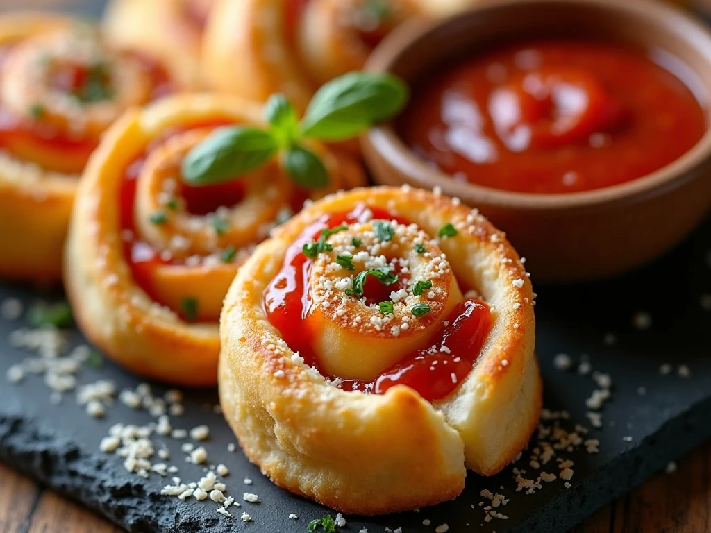 Warm Italian pinwheels with Parmesan and marinara dipping sauce