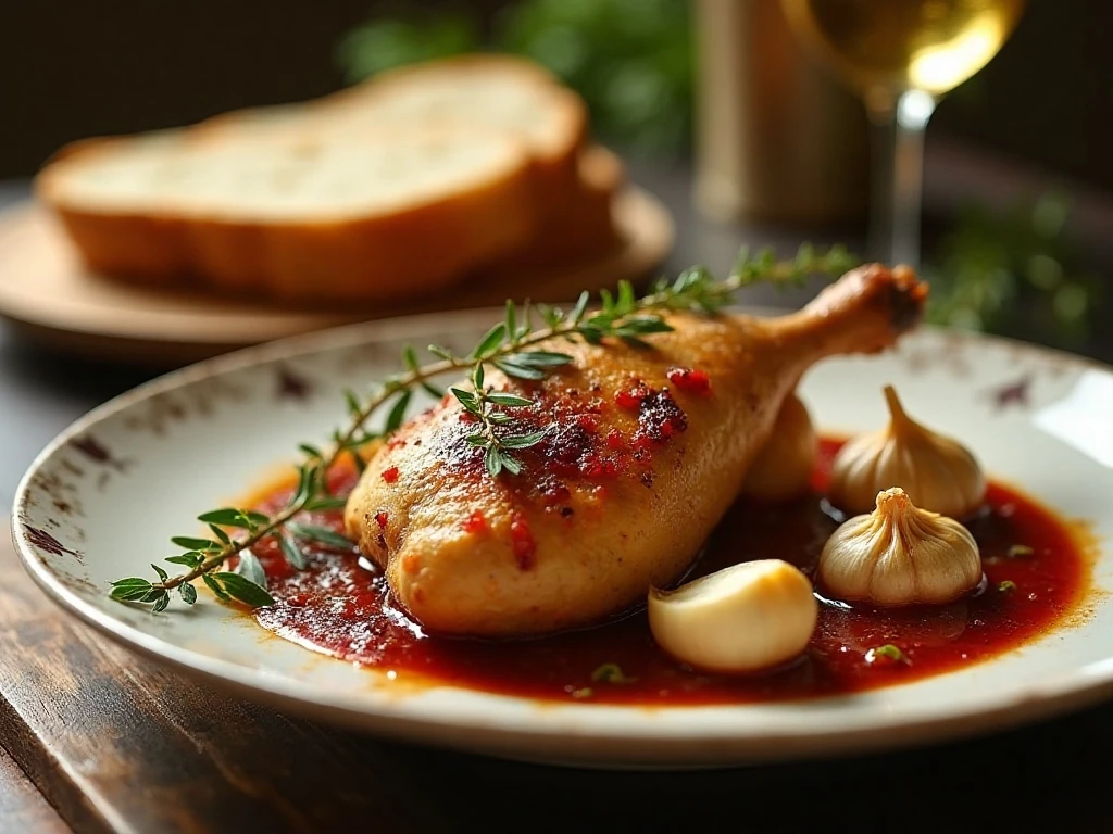 Golden chicken with whole garlic cloves and white wine sauce