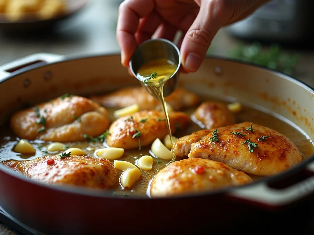 Chicken and garlic simmering in a Dutch oven