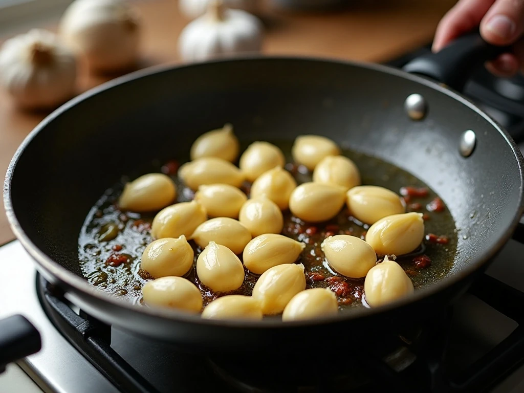 Whole garlic cloves gently browning in a skillet