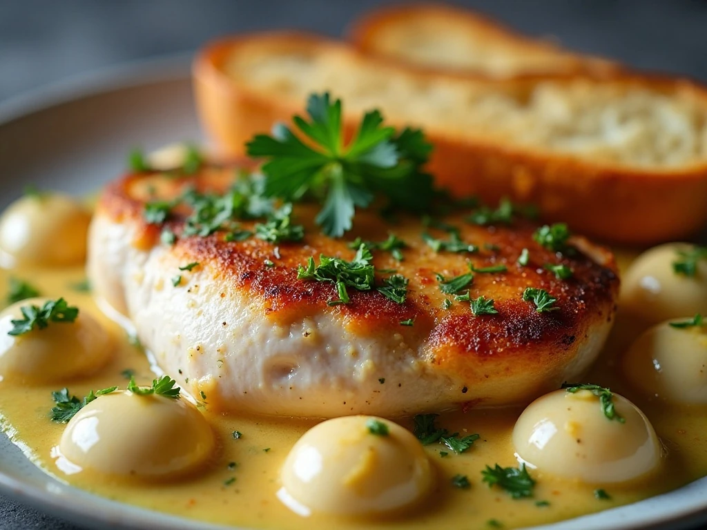 Chicken dinner garnished with parsley and soft garlic