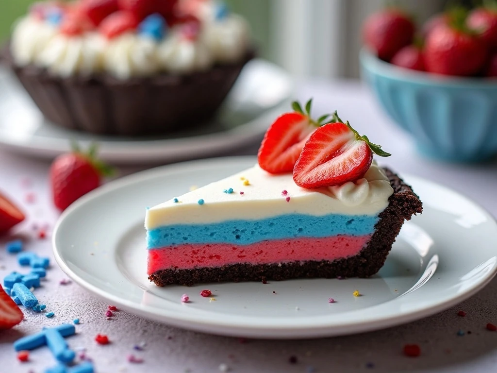 Festive 4th of July ice cream pie with berries and whipped topping