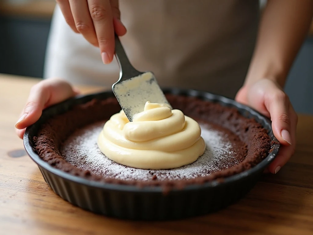 Spreading vanilla ice cream over the chocolate cookie crust