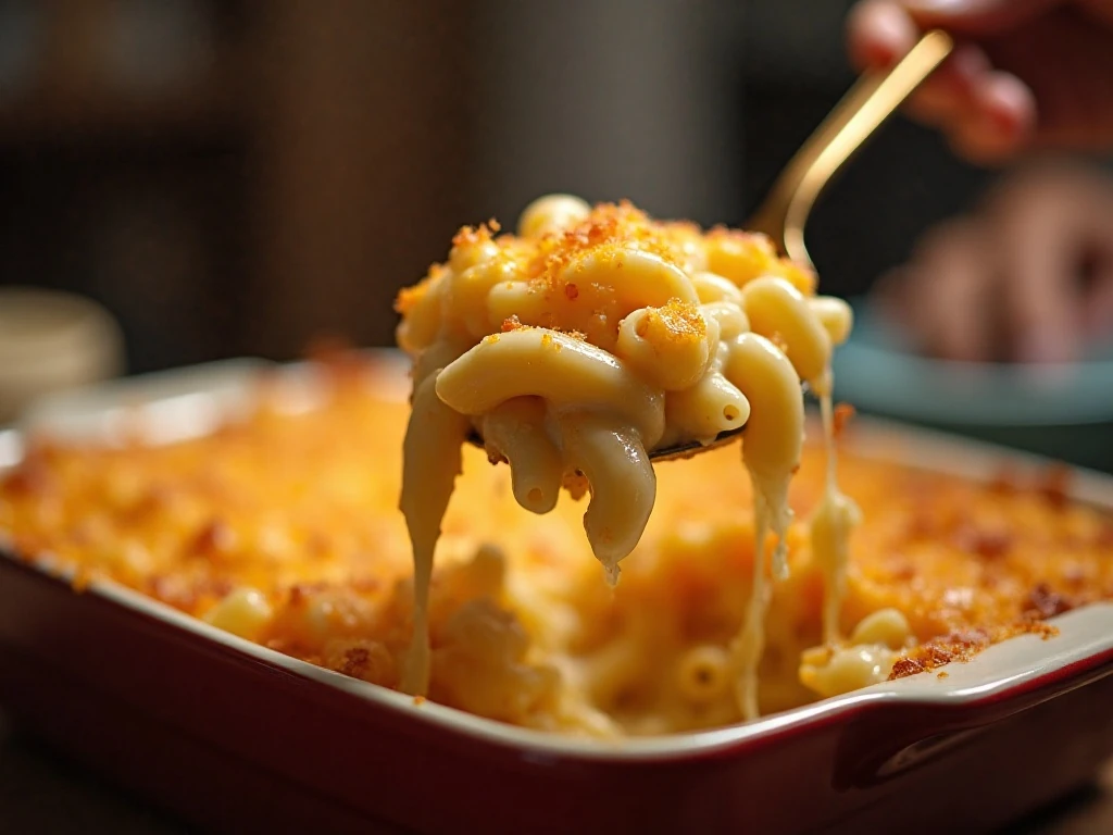 Creamy baked macaroni and cheese with a golden cheddar topping