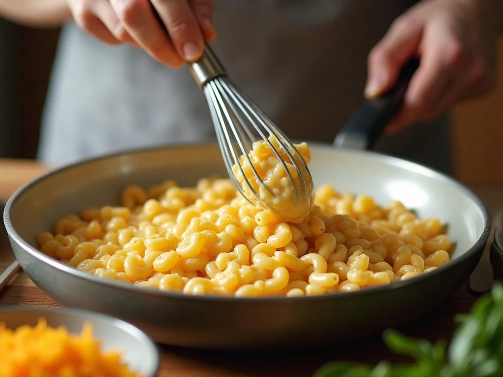 Preparing the creamy cheddar sauce for baked macaroni and cheese