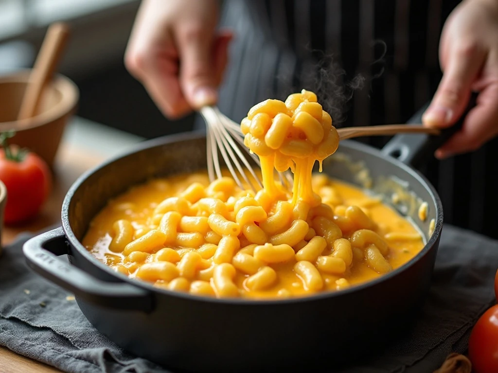 Smooth cheddar cheese sauce coating macaroni