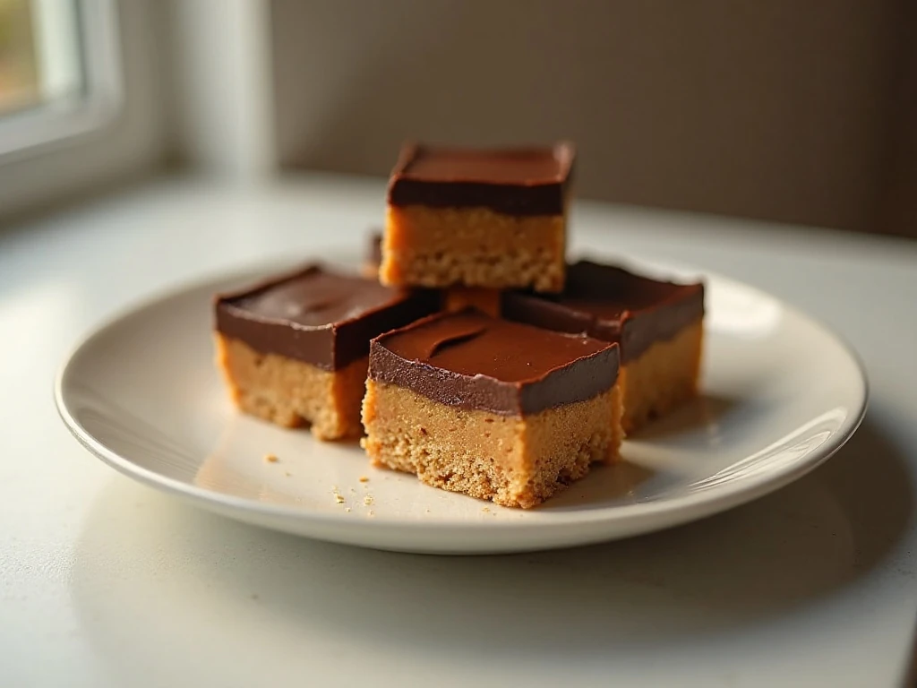 Chocolate peanut butter bars arranged on a serving plate