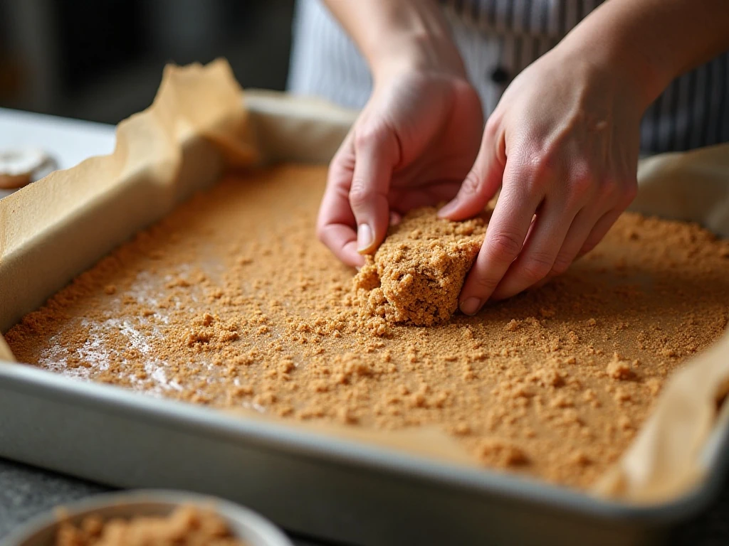 Pressing the peanut butter graham cracker base into a lined pan