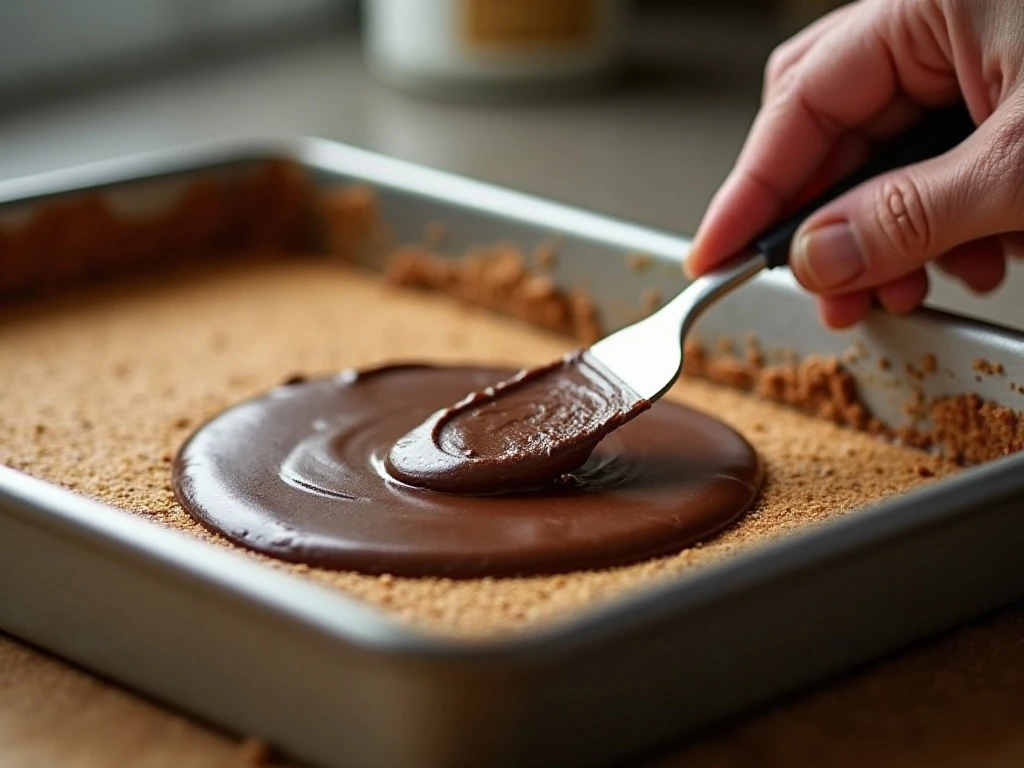 Spreading the chocolate peanut butter topping over the bar base