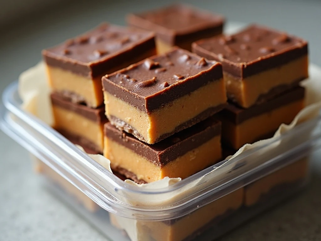 Chocolate peanut butter bars stored in layers for serving