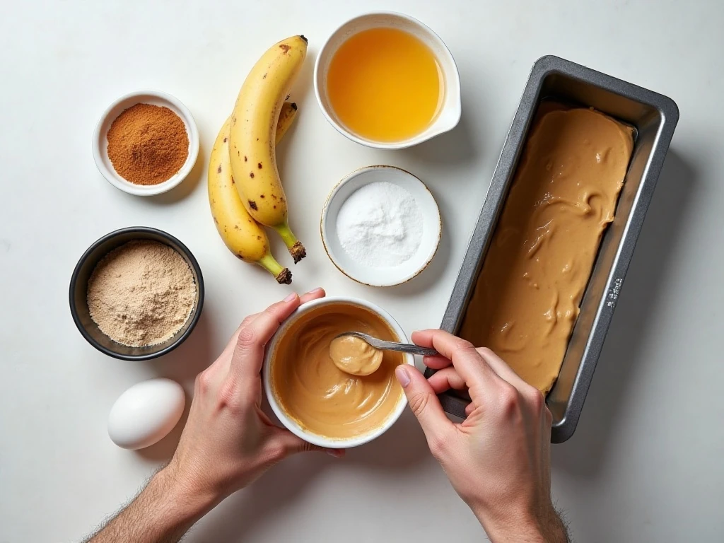 Five ingredients for flourless banana bread arranged on a counter